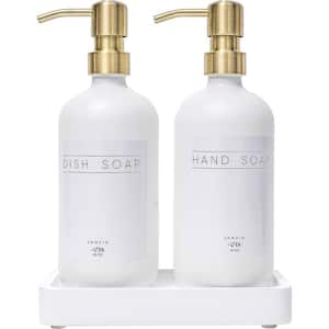 Soap Dispenser with Stainless Steel Pump, Wood Tray, Waterproof Labels for Hand, Dish Soap, Lotion (White+Gold, 2-Pack)