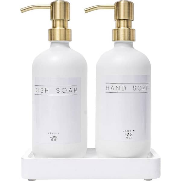 Adrinfly Soap Dispenser with Stainless Steel Pump, Wood Tray, Waterproof Labels for Hand, Dish Soap, Lotion (White+Gold, 2-Pack)