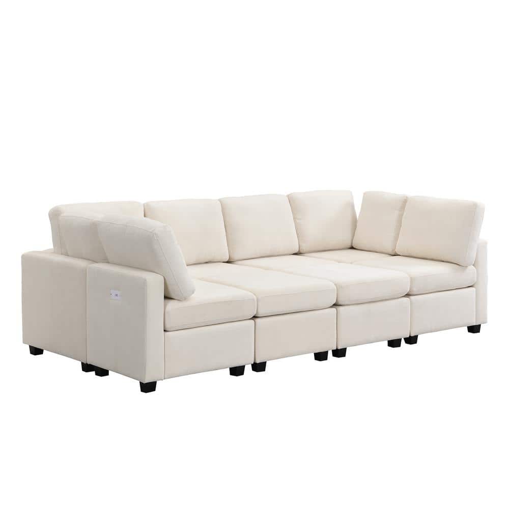 103" Beige Chenille Fabric Sectional Sofa with Ottoman