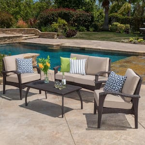 4-Piece Brown PE Rattan Wicker Iron Patio Outdoor Conversation Set with Tan Cushions, Coffee Table for Backyard, Garden