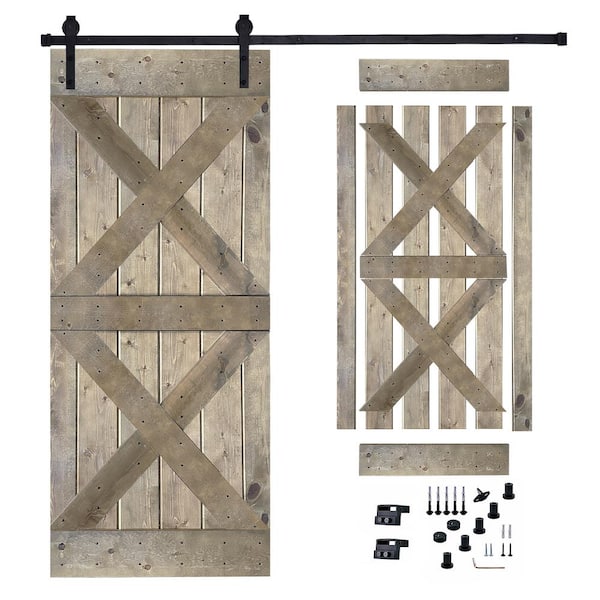 Akicon 36 in. x 84 in. Dark Walnut Painted Wood Sliding Door with Hardware Kit, Pre-Drilled Ready to Assemble