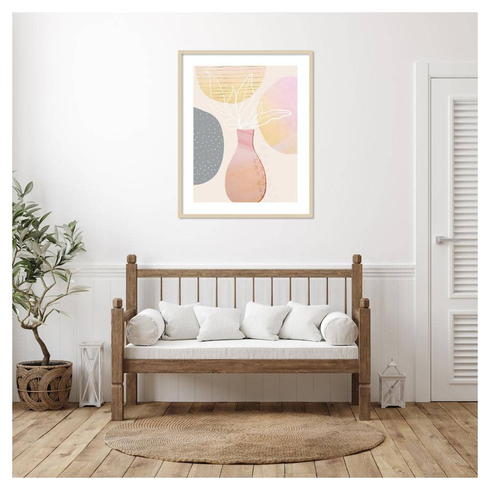 Mid-Century Abstract Pastel Botanical Lithograph with Brown Frame