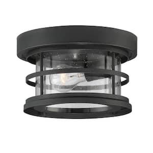 Barrett 10 in. W x 6 in. H 1-Light Black Outdoor Flush Mount with Clear Seeded Glass
