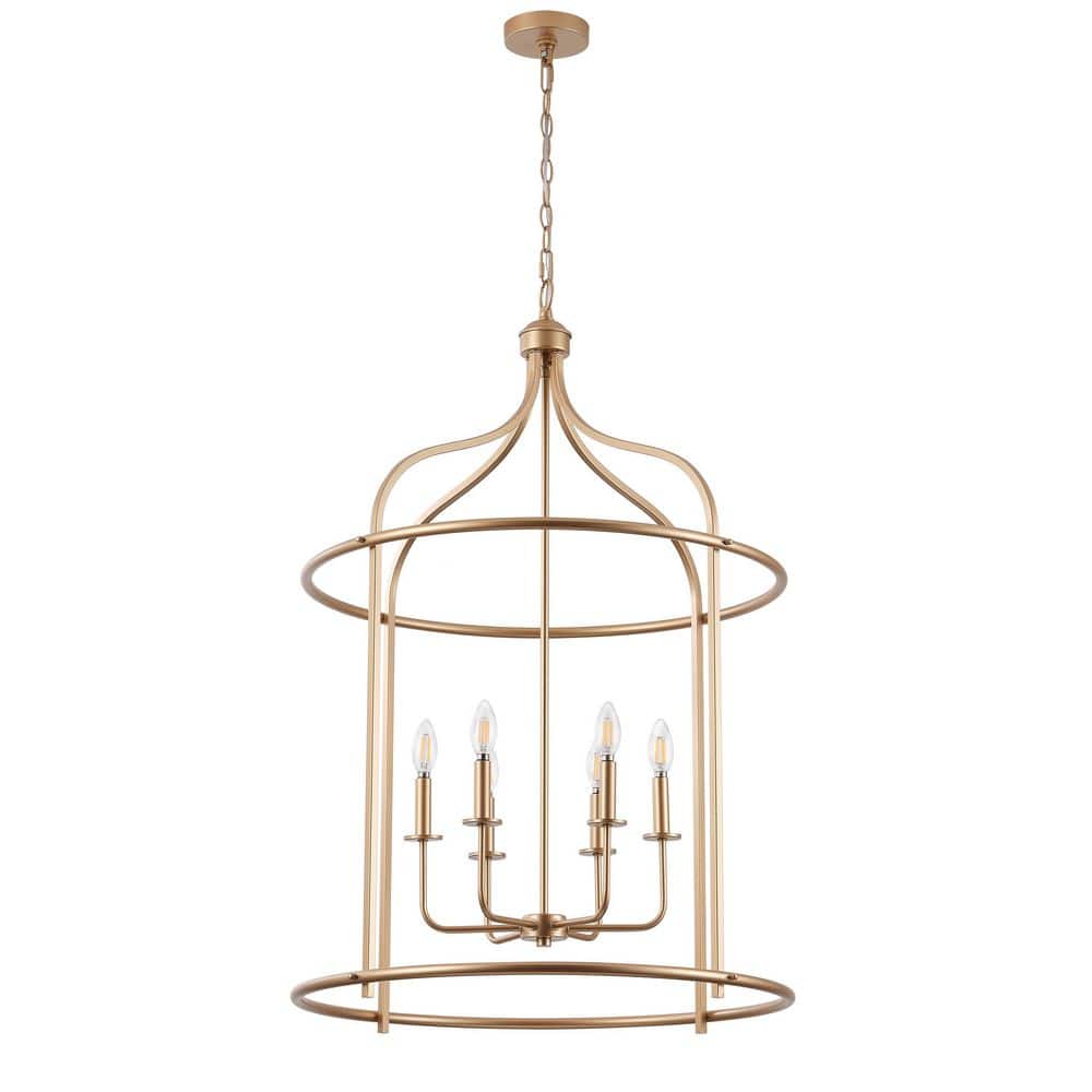 Modern 25.98 in. 6-Light Lantern Gold Chandelier Cage Adjustable Height Han