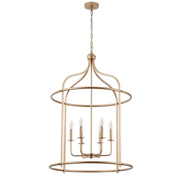 Modern 25.98 in. 6-Light Lantern Gold Chandelier Cage Adjustable Height Hanging Light