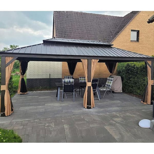 13 ft.x 20 ft.Bronze Aluminum Power-Coated Frame Galvanized Steel Double Roof Hardtop Gazebo,Hooks,Netting,Khaki Curtain