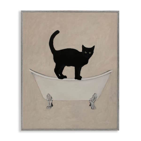 Cat Simple Claw Foot Bathtub Bathroom Painting by Coco de Paris Gray Framed Giclee Art Print Animal 16 in. x 20 in.