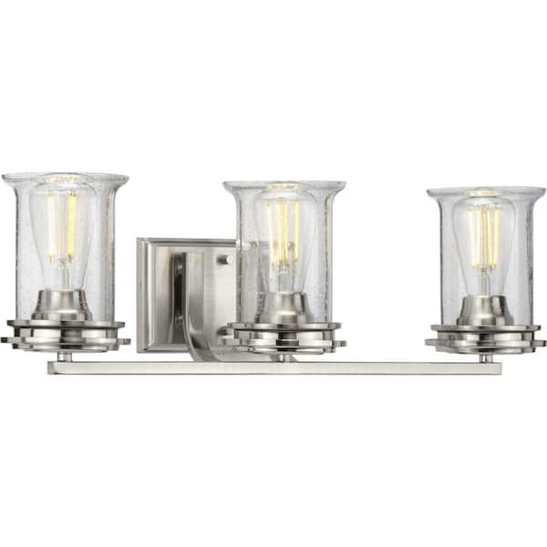 Progress Lighting Winslett Collection 3-Light Brushed Nickel Clear Seeded Glass Coastal Bath Vanity Light