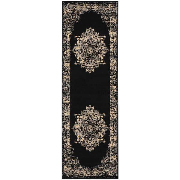 Nourison Grafix Black 2 ft. x 6 ft. Center medallion Transitional Runner Area Rug
