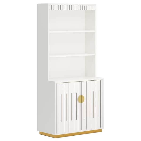 BYBLIGHT Eulas 66.92 in. Tall White Wood Bookcase, 3-Shelf Bookshelf with 2-Door, Bookshelf Cabinet with 3 Open Display Shelf