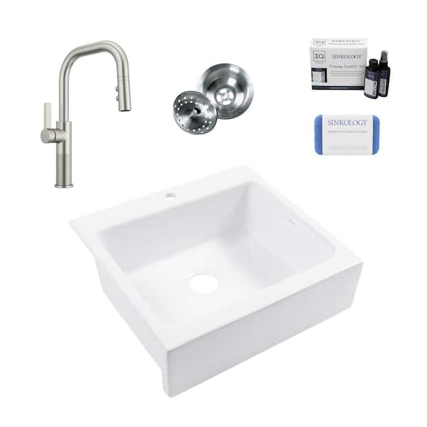 Josephine 26 in. 1-Hole Quick-Fit Farmhouse Apron Drop-in Single Bowl White Fireclay Kitchen Sink with Faucet Kit