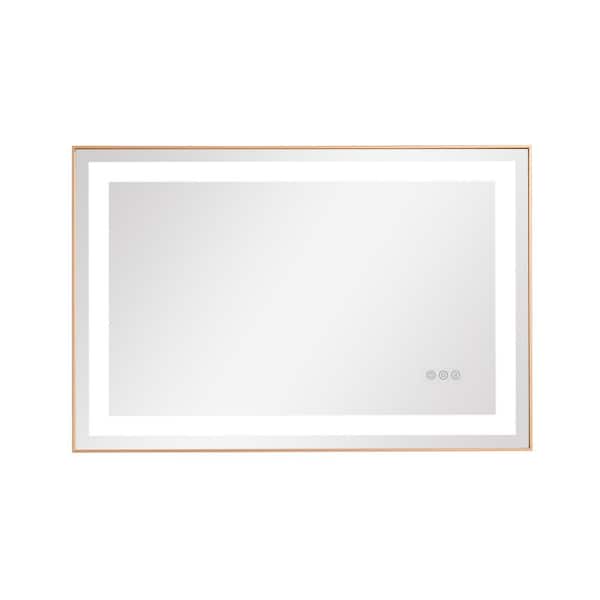 EAKYHOM 36 in. W. x 24 in. H Large Rectangular Framed LED Light Anti-Fog Wall Bathroom Vanity Mirror in Gold