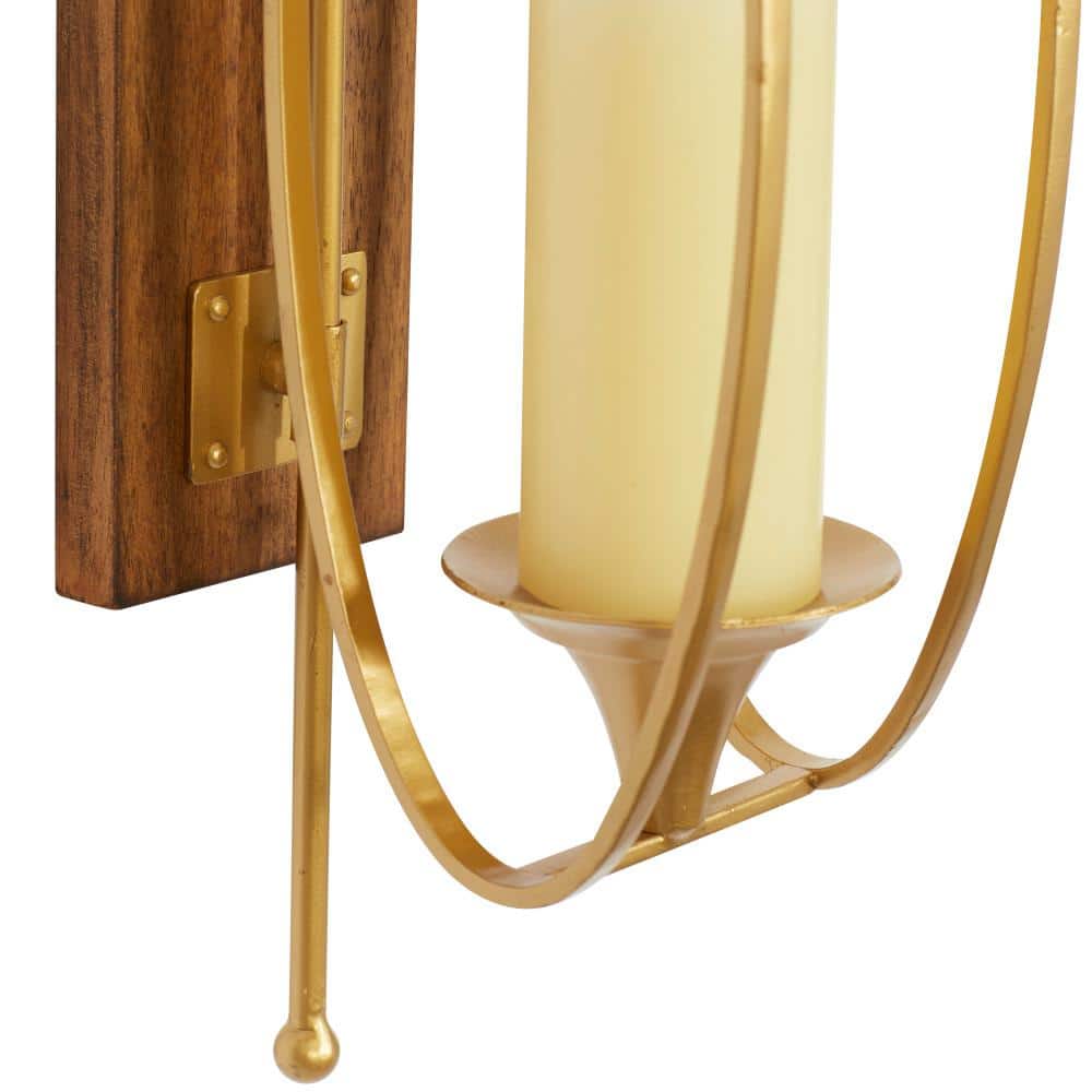 Tall Rustic Wood and Gold Metal Pillar Candle Lantern