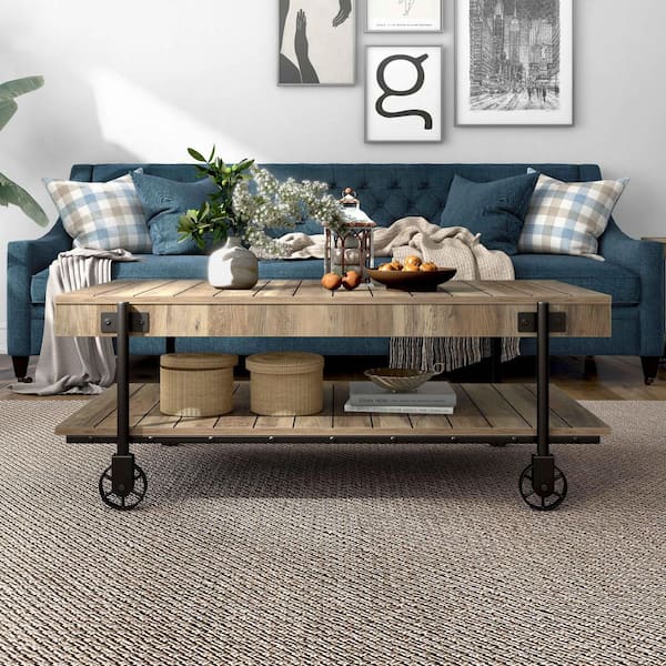 Bargib 47.25 in. Black and Rustic Oak Rectangle Wood Coffee Table with Wheels
