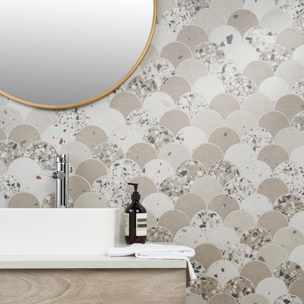Warm Beige Fish Scale Terrazzo Porcelain Mosaic Tile