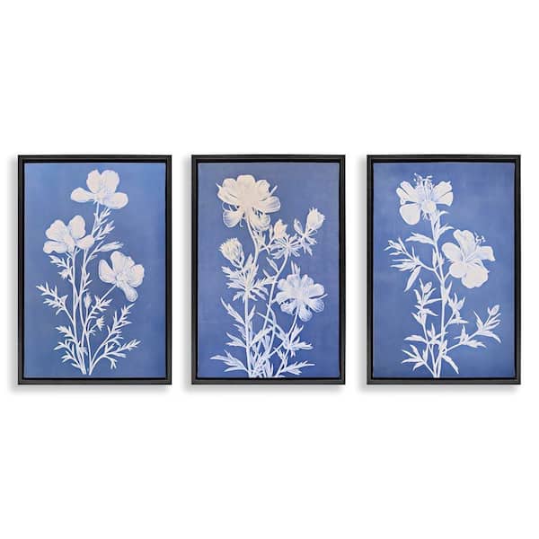 Varied Cerulean Botanicals by Petal Prints Design 3 Pieces Black Floater Frame Nature Graphic Art Print 25 in. x 17 in.