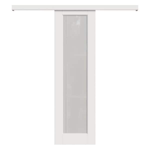 18 in. x 80 in. 1 Lite Frosted Glass White Hidden Track Style MDF Sliding Barn Door with Hardware Kit and Pantry Sticker