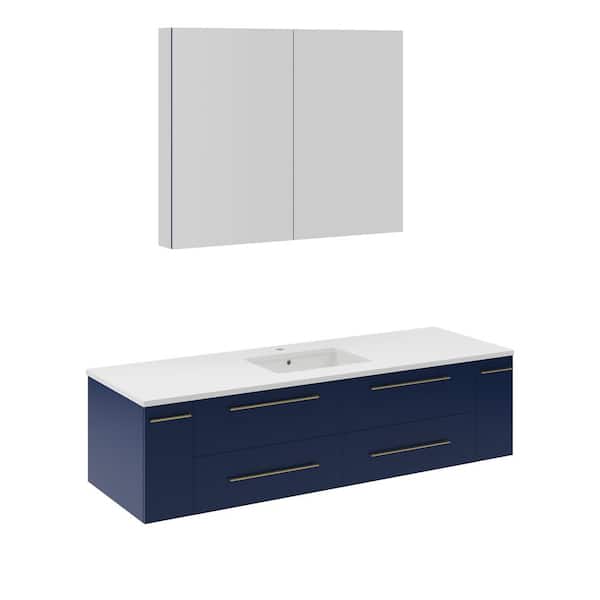 Fresca Lucera 60 in. Single Sink Wall Mount Royal Blue Bath Vanity with White Quartz Top, Undermount Sink and Medicine Cabinet