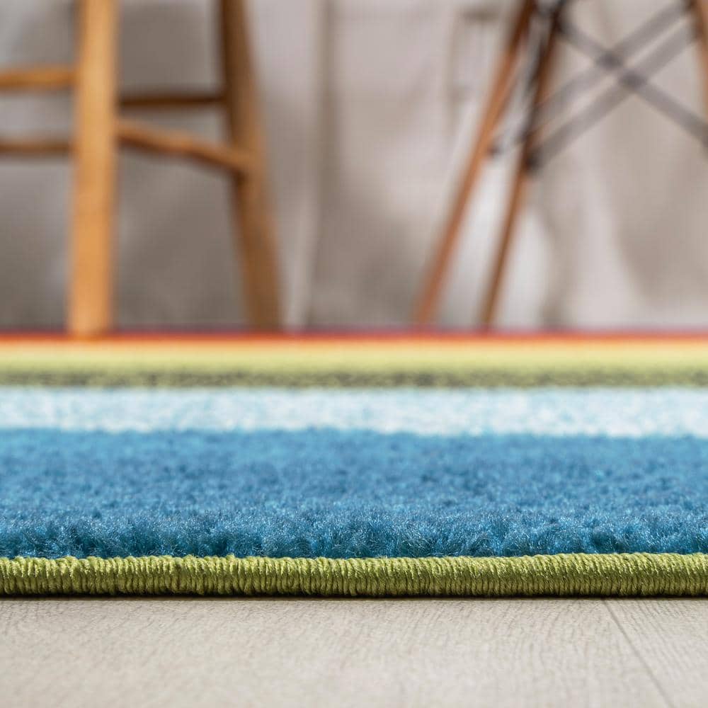 Colorful Geometric Striped Blue Synthetic Kids' 4' x 6' Rug