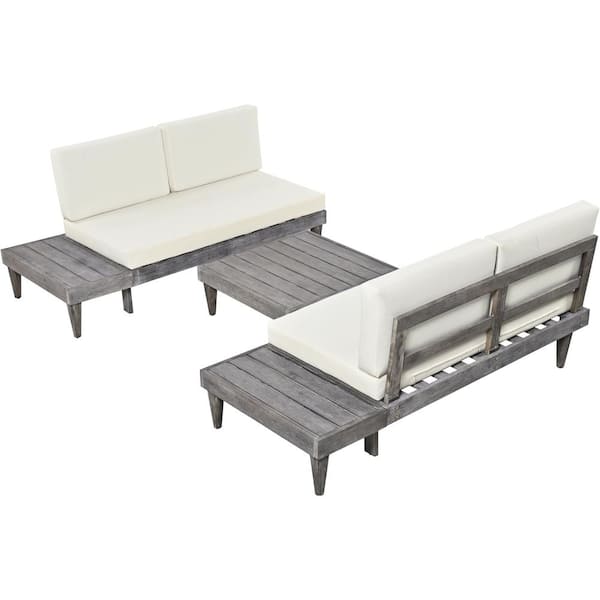 Clihome Gray 3-Piece Wood Patio Conversation Set Sectional Sofa Set with Beige Cushions and Side Table