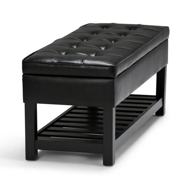 Simpli Home Cosmopolitan 44 In Wide Transitional Rectangle Storage Ottoman Bench With Open Bottom Midnight Black Faux Leather Axccos Ottbnch 01 Bl Midnight Black Faux Leather, Storage Ottoman Bench Black