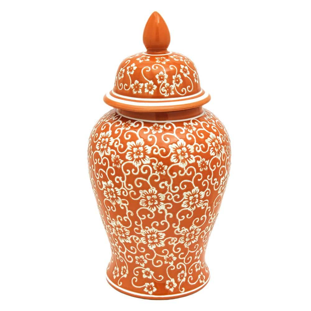 18" Orange and White Floral Porcelain Temple Jar