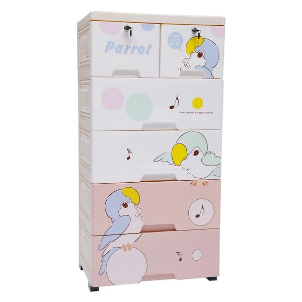 YIYIBYUS 40.16 in. H x 19.69 in. L Multi-Colored Cartoon Parrot Pattern Storage Cabinet with 6 Drawers and Silent Wheels