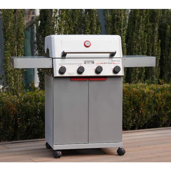 Mesa 4-Burner Propane Gas Grill in Stainless Steel with Broil Zone, and Dual Folding Side Shelves