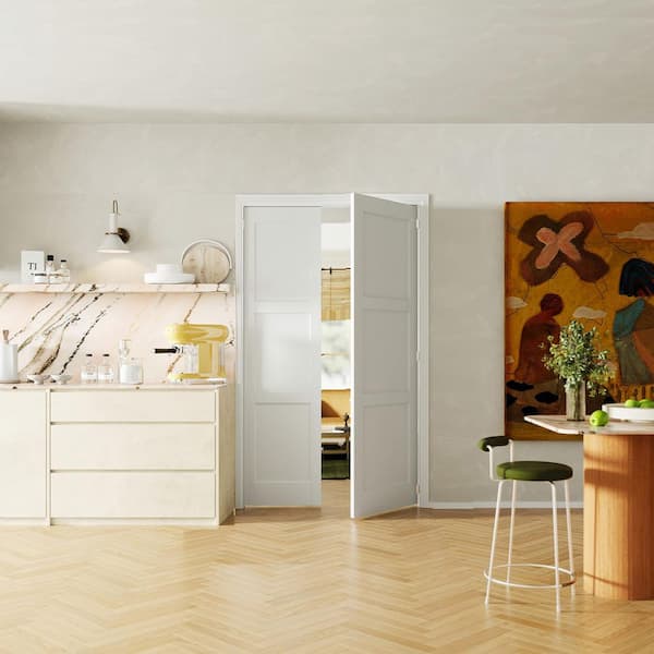 36 in. x 80 in. 3 Panel White Primed Pine Wood Double French Door with Quick Assemble Jambs Kit, Boring Required