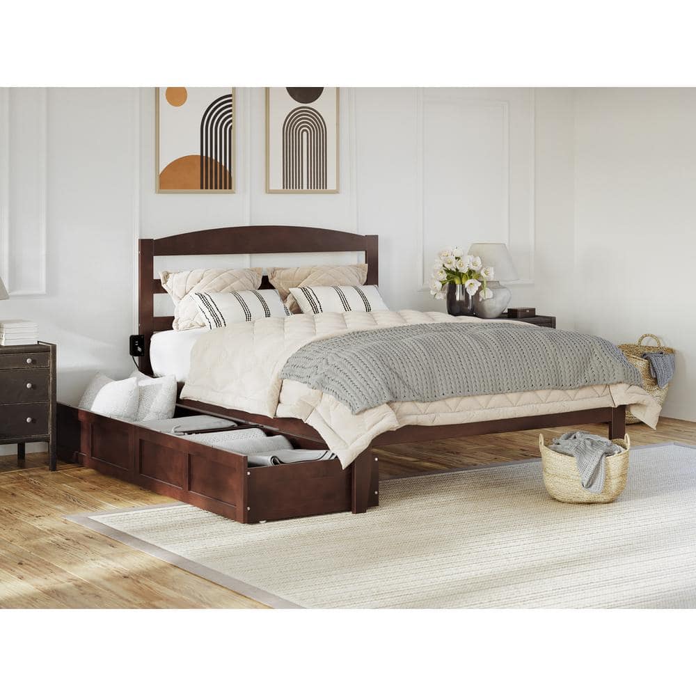 Warren Queen Walnut Wood Platform Bed with Storage Drawers