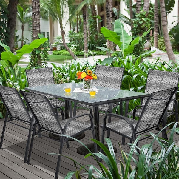 Set of 12 Patio Rattan Dining Chairs Stackable Armrest Garden Mix Gray