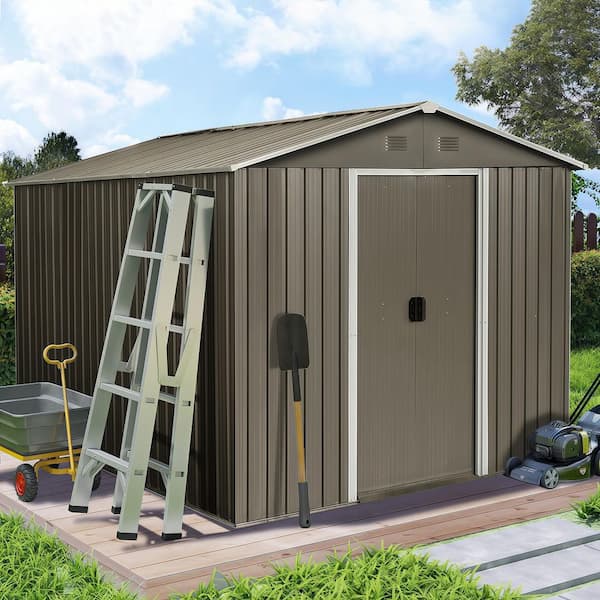 8 ft. W x 10 ft. D Outdoor Metal Tool Storage Shed with Foundation and Sloped Roof, Grey (70 sq. ft.)