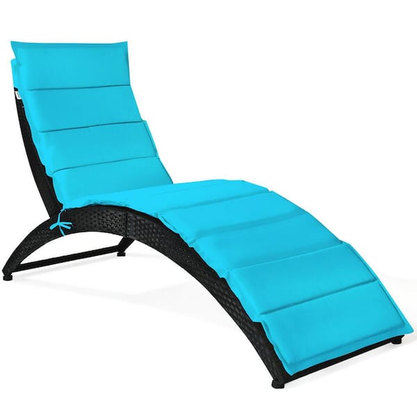 Unbranded Black Frame 1-Piece Wicker Outdoor Foldable Chaise Lounge with Turquoise Cushion