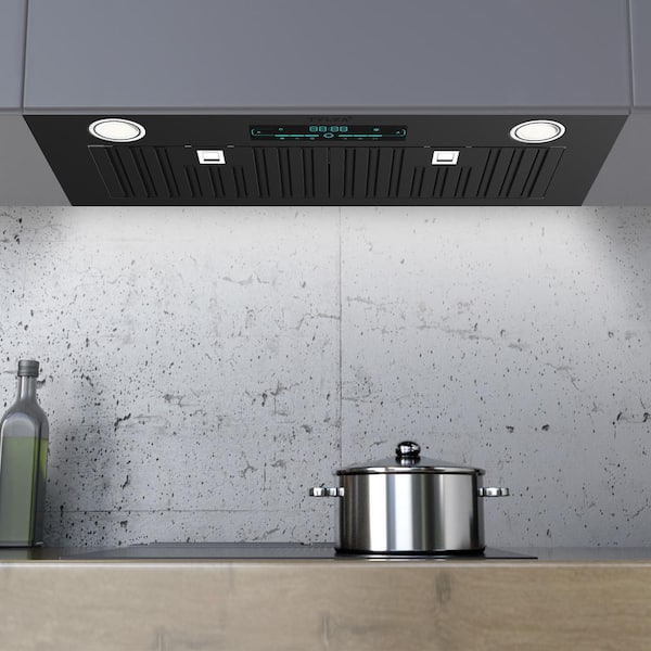 30 in. 900 CFM Convertible Ductless to Ducted Insert Range Hood in Black with A Charcoal Filter and 2 3-Watt LEDs