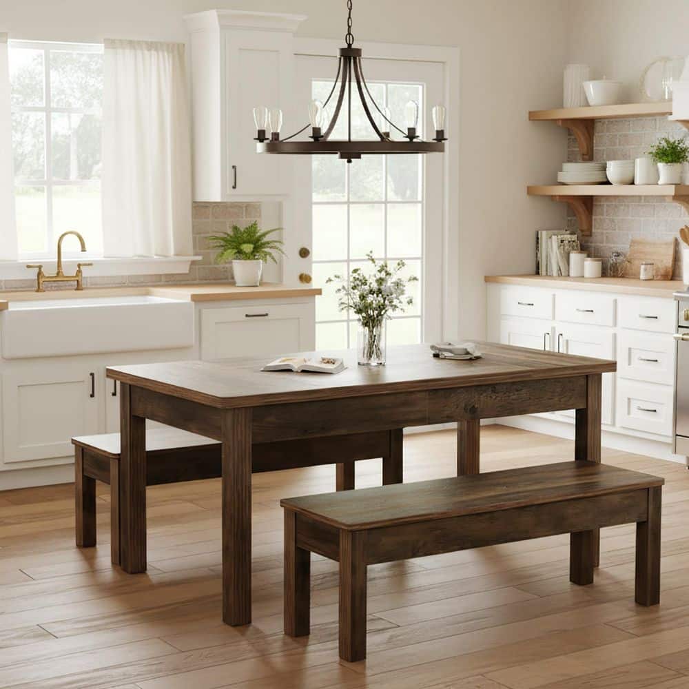 3-Piece Rectangle Brown Wood Top Dining Table Set Kitchen Table Set Dinette Set Seats 6 (1 Table and 2 Benches)