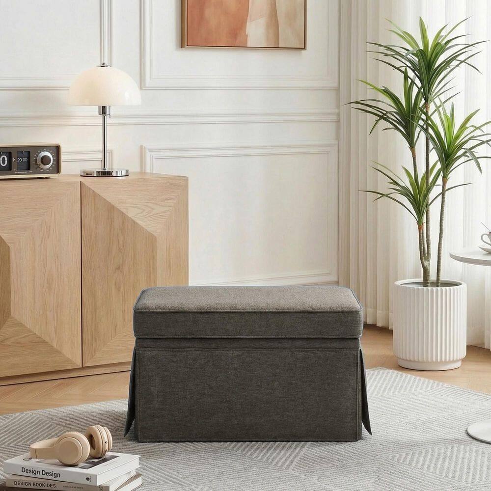 Tan Chenille Rectangle Storage Ottoman