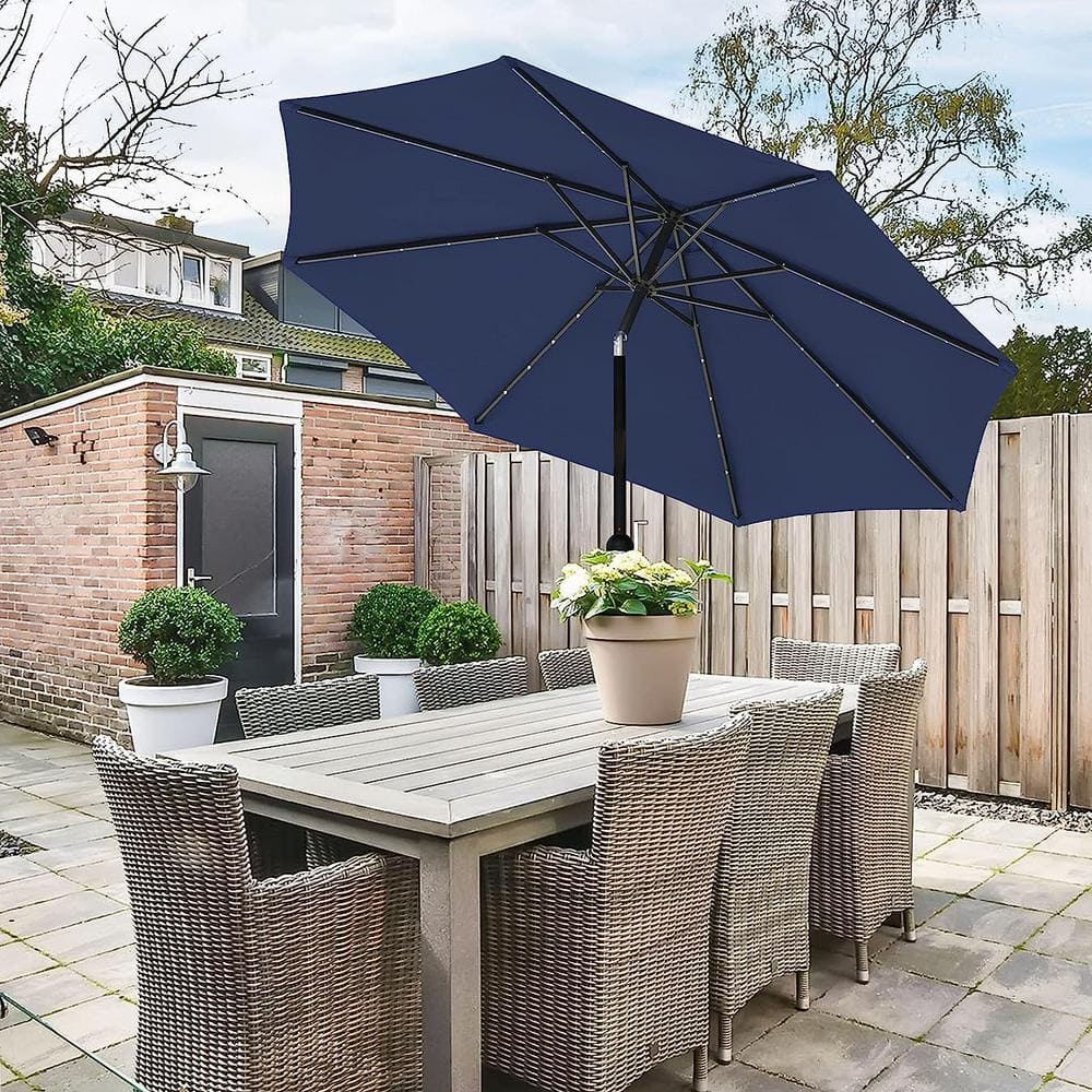 9 ft. Dark Blue Solar Umbrella 32 LED Lighted Patio Umbrella Table Market U