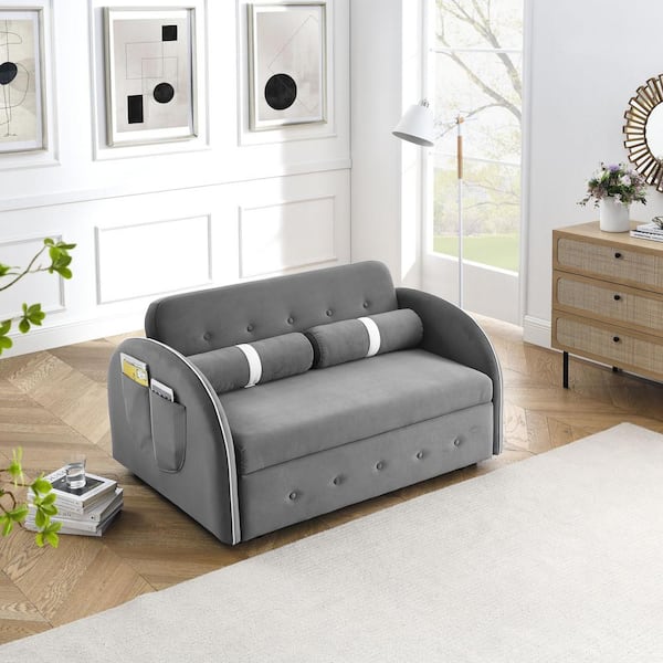 J E Home 70 In W Gray Velvet Full Size Convertible 2 Seat Sleeper Sofa Bed Adjule Loveseat Couch With Backrest Light