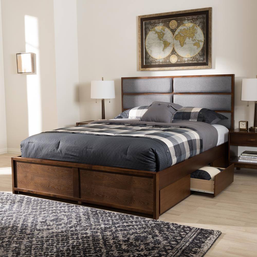 Walnut and Gray Upholstered Queen Storage Platform Bed with Drawers