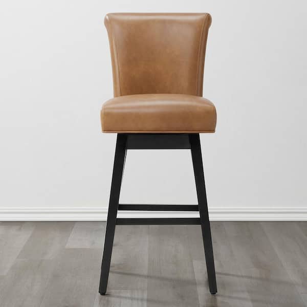 Dennis 30 in. Cognac Brown Solid Wood Frame Swivel Counter Height Bar Stool with Back and Faux Leather Seat (Set of 2)