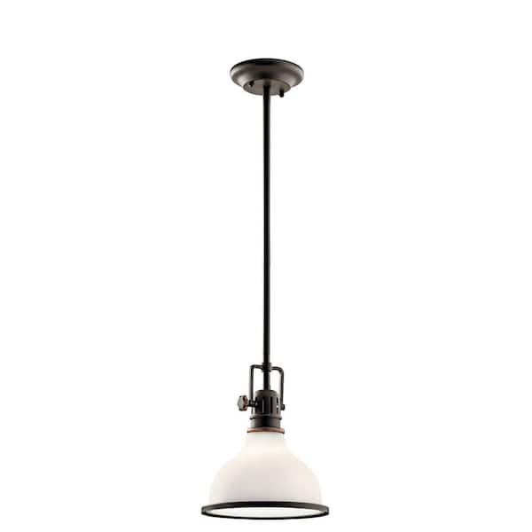 KICHLER Hatteras Bay 1-Light Olde Bronze Vintage Industrial Shaded Kitchen Mini Pendant Hanging Light with Etched Glass