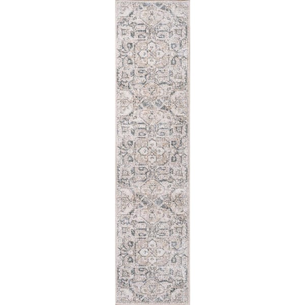 Cream/Light Gray 2 ft. x 8 ft. Edith Distressed Medallion Low-Pile Machine-Washable Runner Rug