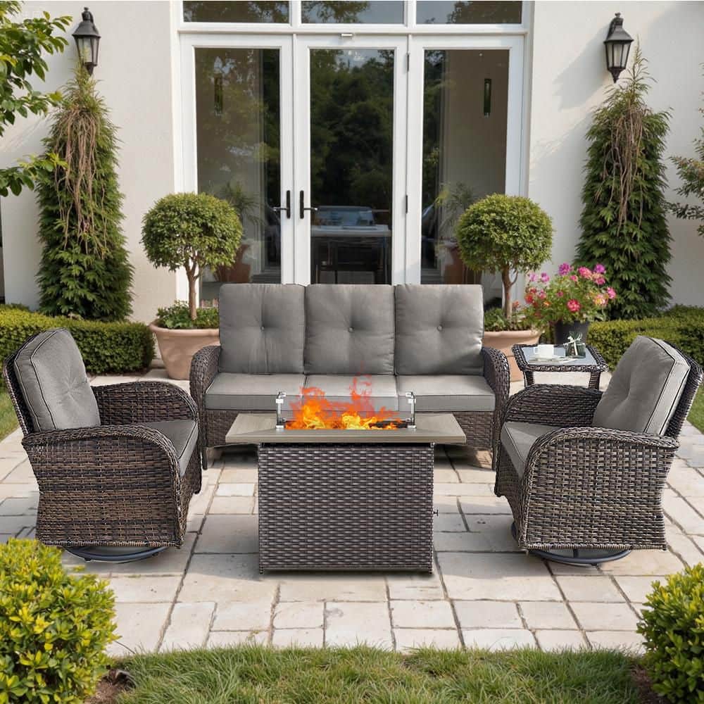 Brown 5-Piece Wicker Outdoor Glider Chair Patio Deep Seating with Rectangular Fire Table price history on PriceWatchPro