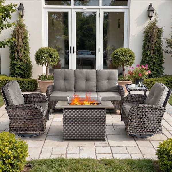 Pocassy Brown 5-Piece Wicker Outdoor Glider Chair Patio Deep Seating with Rectangular Fire Table