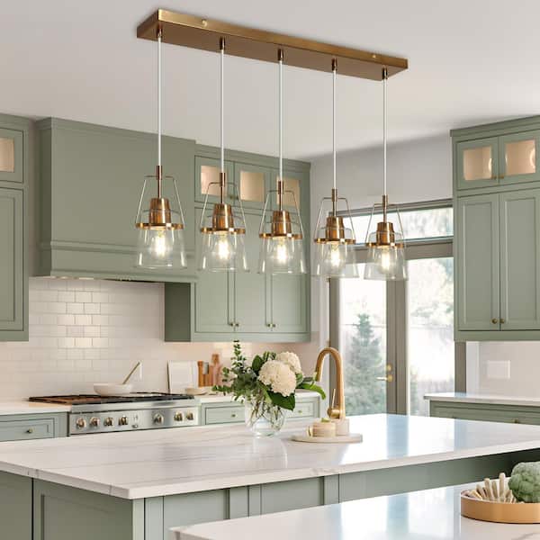 LNC Mid-Century Modern 29.7 in. 5-Light Chandelier Plated Brass Ceiling Light with Bell Clear Glass Shade