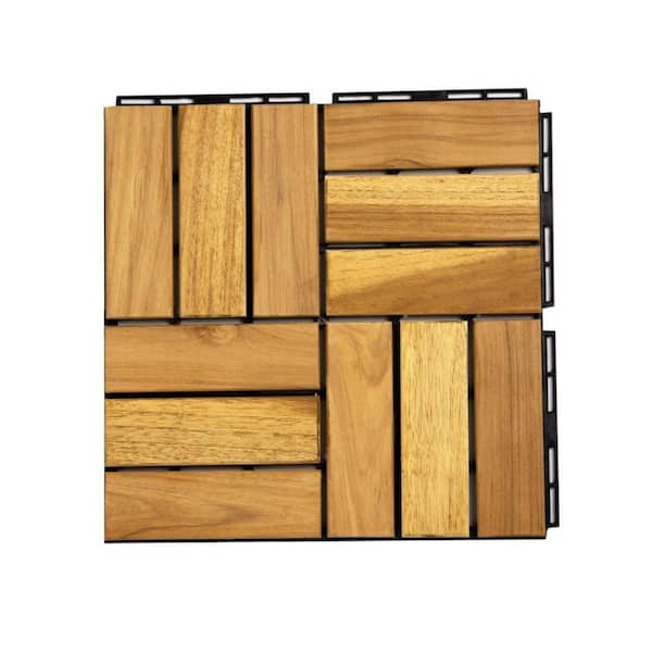 Amucolo 12 in. x 12 in. Outdoor Checker Square Teak Wood Interlocking Waterproof Flooring Deck Tiles in Brown (Set of 10 Tiles)