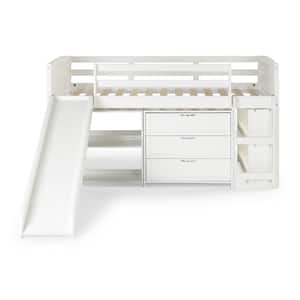 White Twin Louver Low Loft Bed with Slide with 3-Drawers and 2-Bookshelves