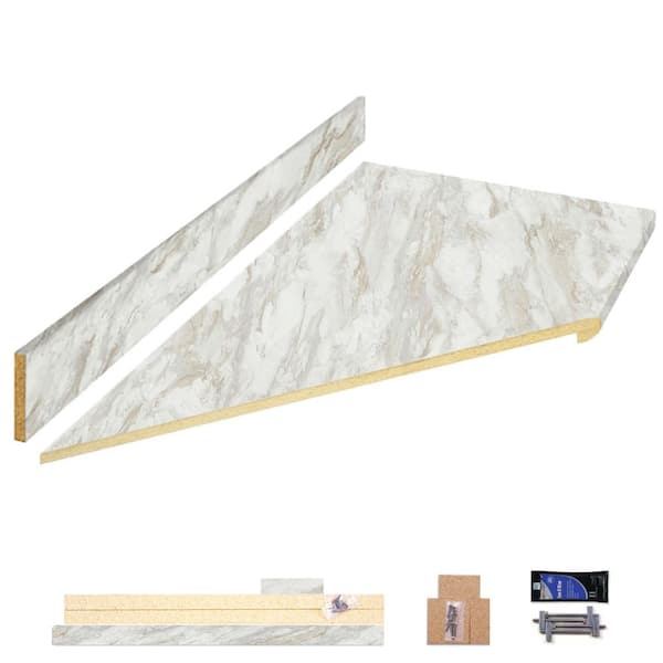 8 ft. Left Miter Laminate Countertop All-Inclusive Kit in Textured Drama Marble with Eased Edge and Loose Backsplash
