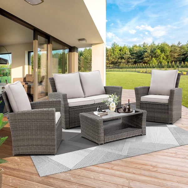Unbranded 4-Piece Wicker Patio Conversation Set with Gray Cushions All-Weather PE Rattan Outdoor Sectional Set