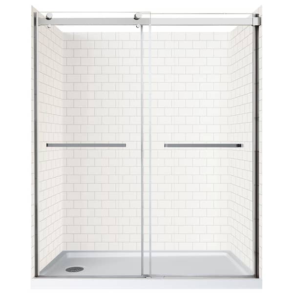 CRAFT + MAIN Double Roller 60 in. L x 32 in. W x 78 in. H Left Drain Alcove Shower Stall Kit in White Subway and Silver Hardware